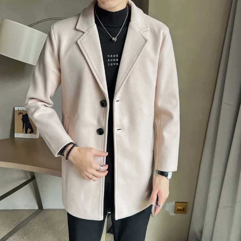 Trend Mens Autumn and Winter Mid Length Solid Color High Quality Woolen Coat Business Casual Turn-down Collar Mens Top LX241010