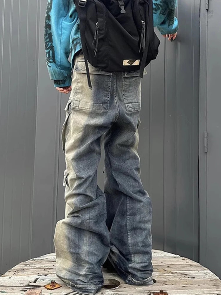 American fashion washed vintage gradient striped multi pocket drawstring jeans Harajuku street loose 240929