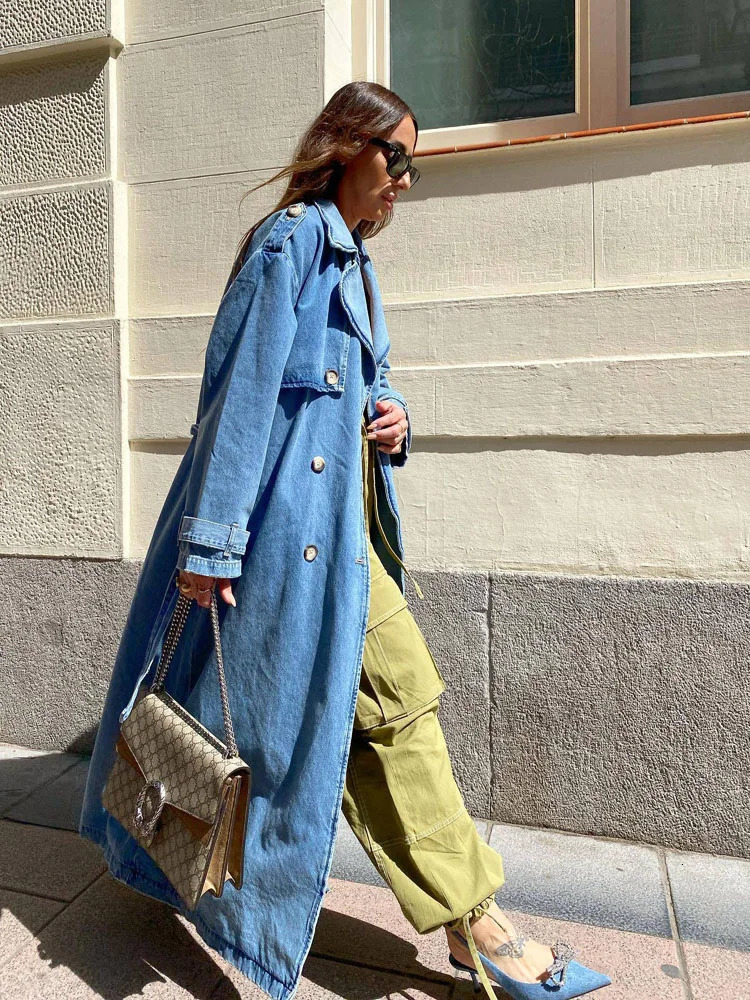 Womens long denim trench coat waist belt ultra-thin jeans womens Jaqueta womens blue jeans womens jacket 240927