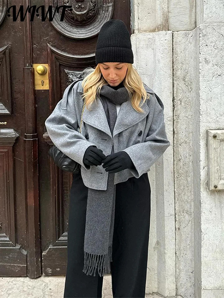 Casual single chest wool coat womens loose collared long sleeved short sleeved coat autumn and winter elegant gray coat 241007