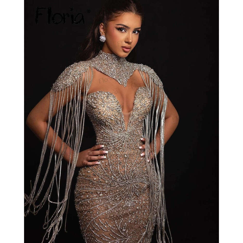 Long Tassel Shoulder Evening Dress Heavy Handmade Crystals Midi Maix Prom Gowns Dubai Vestido Noiva Vestidos De Gala