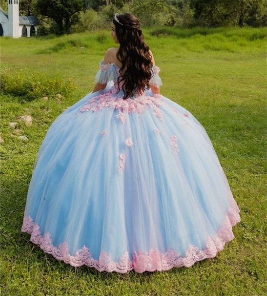 Fairy Charro Quinceanera Dresses Blue And Pink 3D Florals Sweetheart Lace Vestidos De 15 Xv Anos Corset Birthday Sweet 16 Party Vestido De Debutante 1