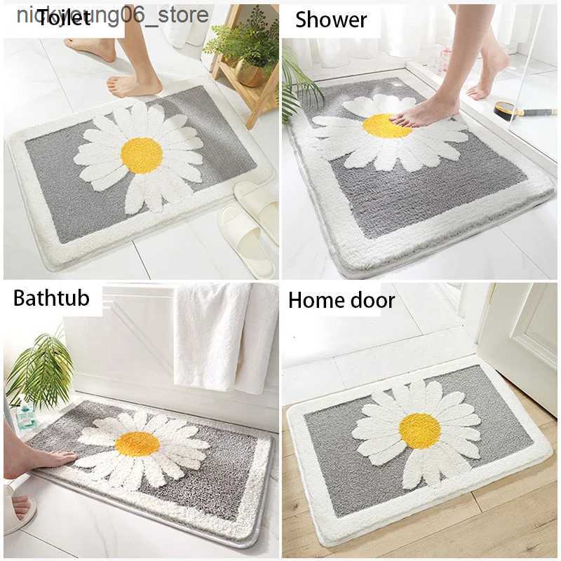 Non-Slip Bath Mats 40*60cm Bath Mat Cute Blue Daisy Slip-resistant Rug Bath Absorbent Entrance Bathroom carpet Toilet Floor Bath Shower Foot Mat L2409