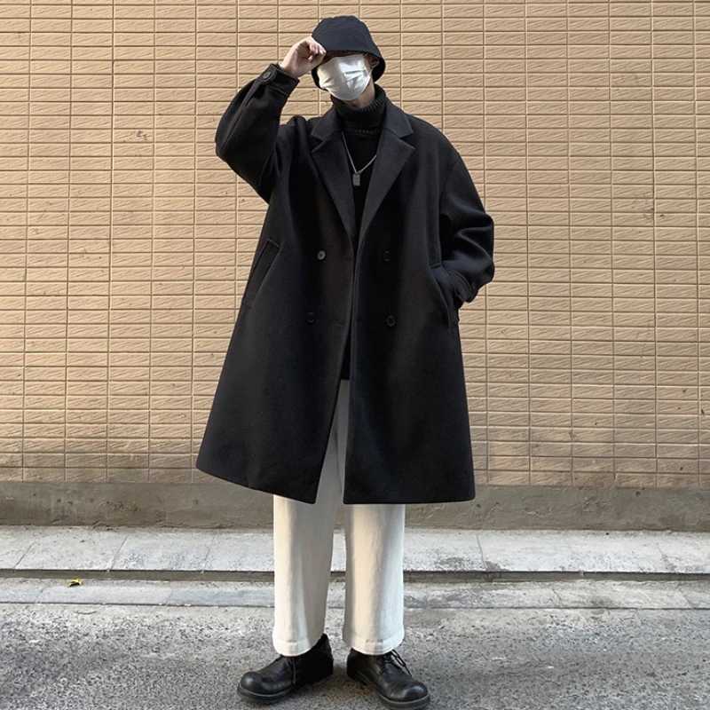 Autumn Winter Men Woolen Dust Coats Japan Style Streetwear Male Loose Solid Color High Quality Mens Thick Warm Trenchcoat LX241010