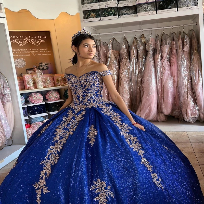 Blue Shiny Princess Quinceanera Dress Ball Gown Off the Shoulder Party Gold Applique Beads Sweet 16 Birthday Dress Vestidos 15 De Anos
