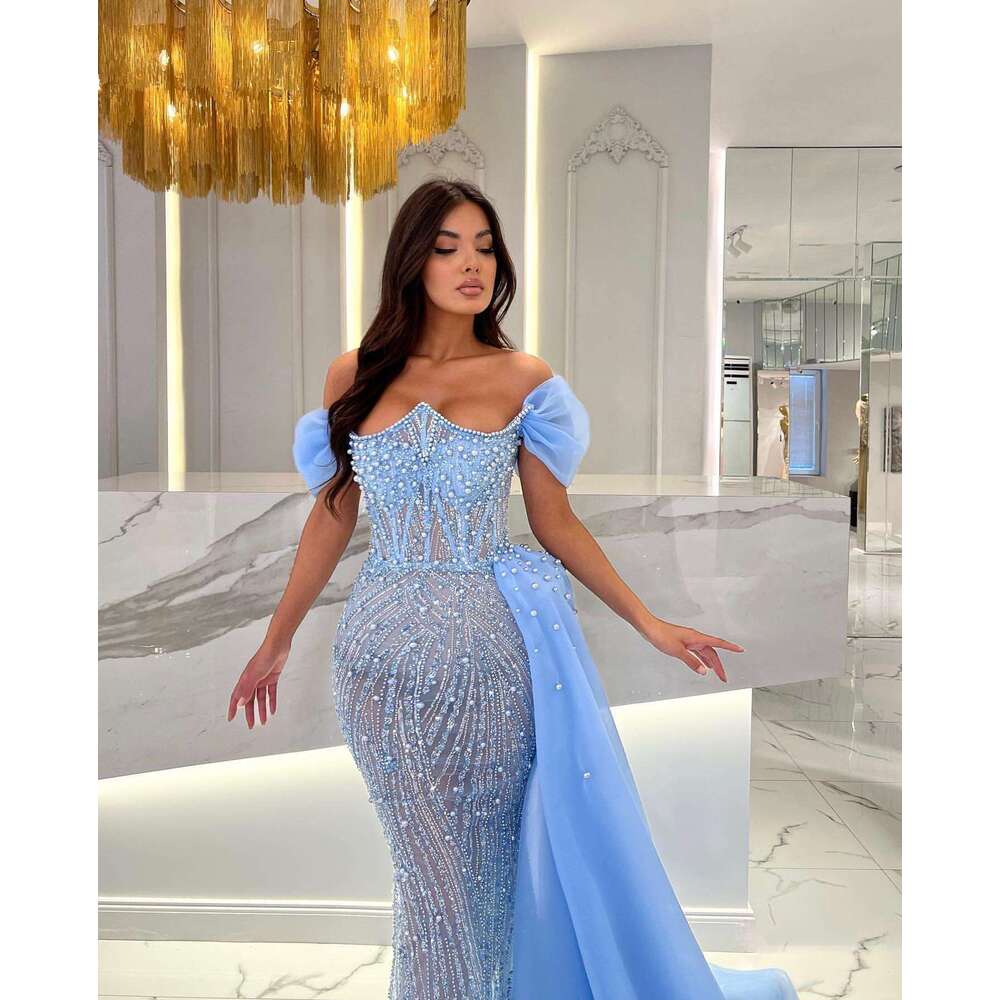 Elegant Blue Prom For Women Off Shoulder Beading Sequins Pearls Evening Dresses Custom Made