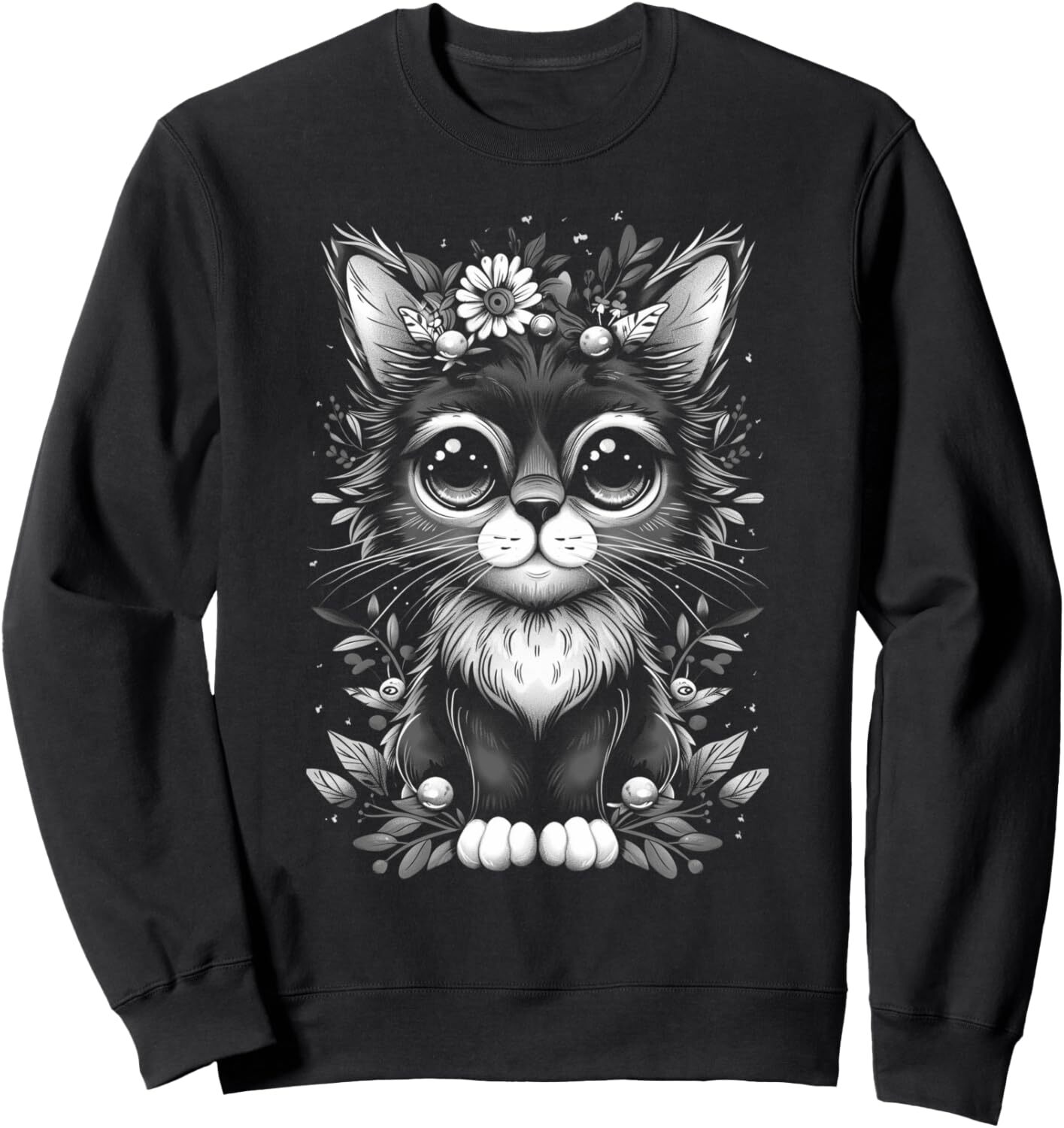 Long Sleeve Shirts for Men sweatshirt Cat Illustration With Floral Accents Beauty Gift Sweatshirt Tee Streetwear Casual tops clothes