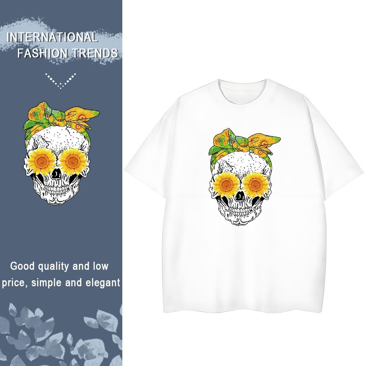 2024 DIY Woman T Shirts 230g 100% Cotton Short Sleeve O-Neck Street Casual flower Womens Tshirts Female Skull Tees