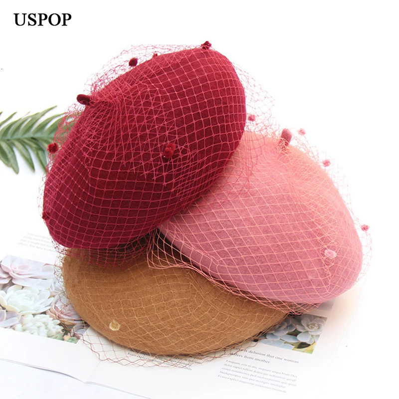 USPOP Womens Hats Winter Thick Wool Berets Adjustable Size Solid Color Vintage Mesh Yarn Beret Hat 241009