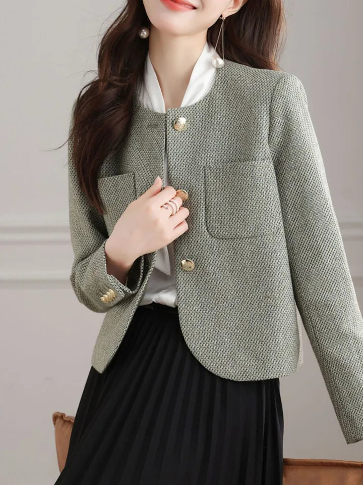 Jmprs Korean fashion coarse woolen jacket womens casual fashion long sleeved elegant jacket sweet O-neck womens autumn and winter jacket style 240930