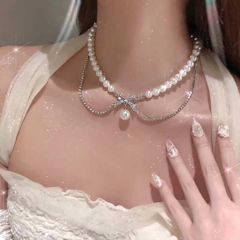 New Fashion Zircon Bowknot Pearl Necklace for Women Shiny Rhinestone Double Layer Chain Necklace Wedding Party Jewelry GiftX241009