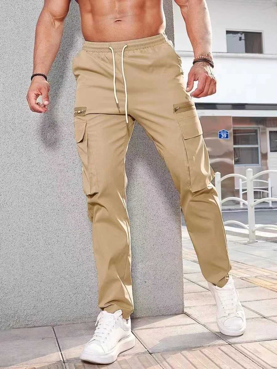 Jogger casual sports zipper decorative cargo pants with waist drawstring mens plus size woven solid color zipper cargo pants W241009