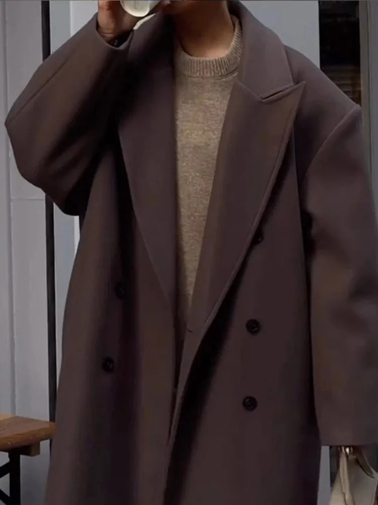 Casual Solid DoubleBreasted Long Coat Vintage Loose Turndown Collar Brown Maxi Coats Lady Winter Elegant Street Outwear 240930