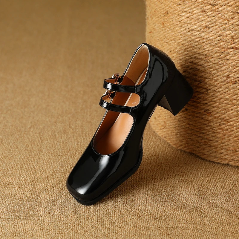 Spring Women Pumps 6cm Mary Jane Shoes French Double Strap Elegant Buckle Spring Autumn Patent Leather Burgundy Shoes 44 241007