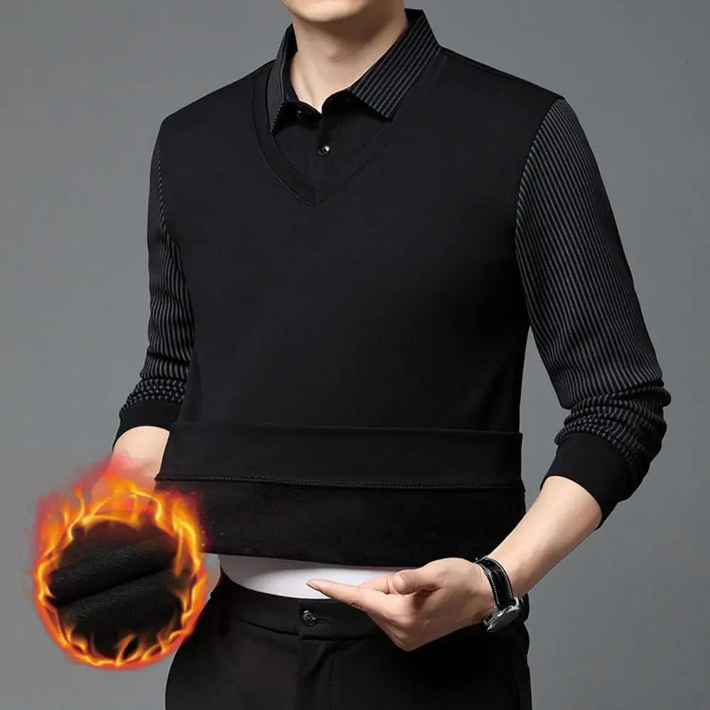Shirt Collar Sweater Midaged Mens Formal Business Style Striped with Lapel Thick Plush Warm Knitted Pullover for Fall 240930
