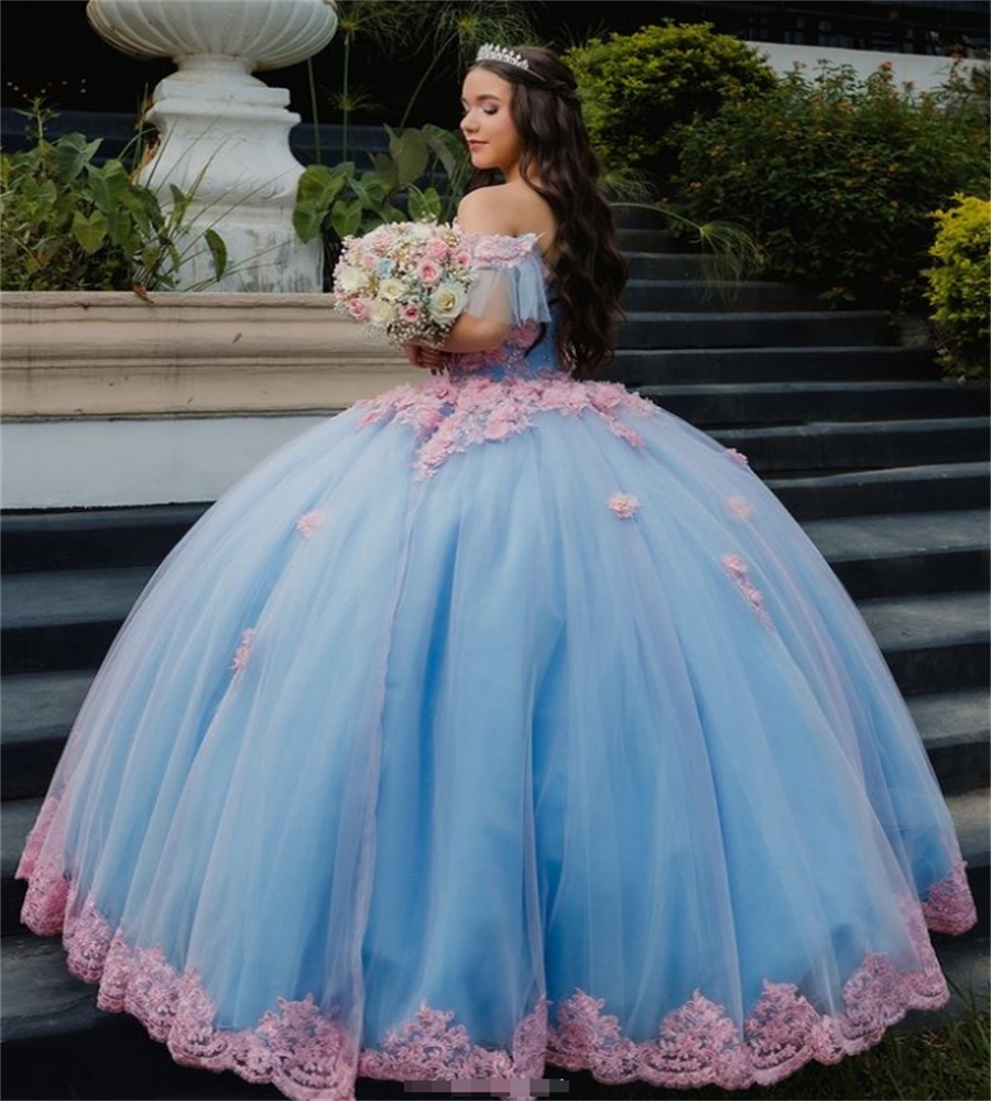 Fairy Charro Quinceanera Dresses Blue And Pink 3D Florals Sweetheart Lace Vestidos De 15 Xv Anos Corset Birthday Sweet 16 Party Vestido De Debutante 1
