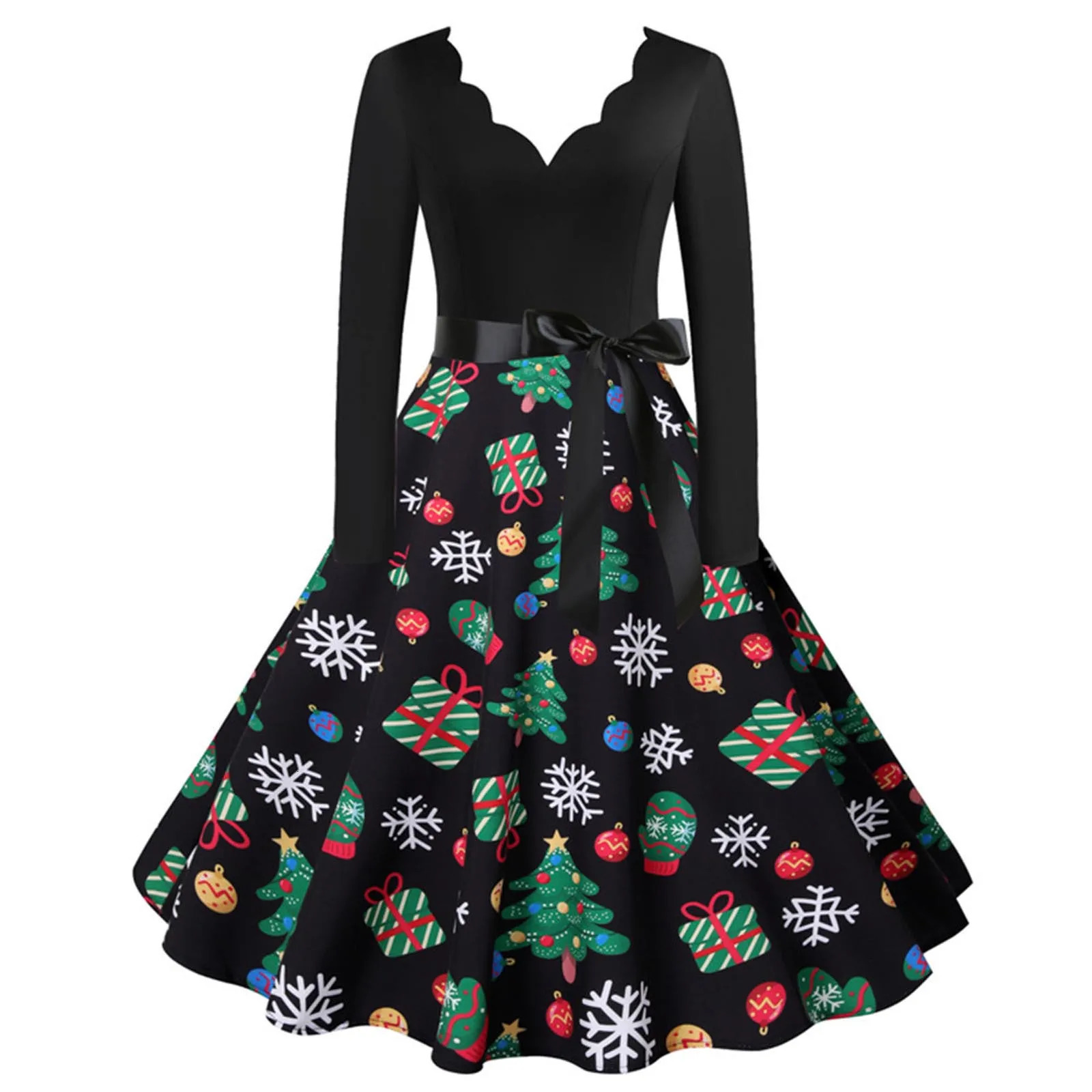Black Christmas Print Vintage Dress Women Swing Robe Pinup Sexy V Neck Long Sleeve Party Dresses 2024 Autumn Vestido A-Line 241010