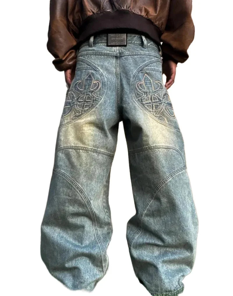 Harajuku Trend Gothic style oversized embroidered patchwork decoration washed blue jeans mens wide leg street Y2K mop pants 240929