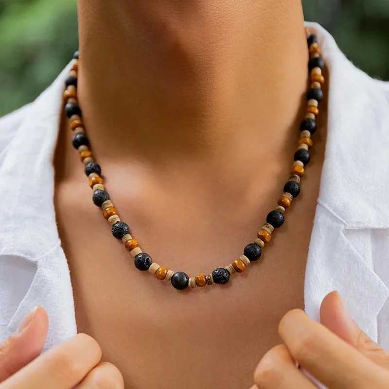 Stone and Wood Beaded Short Choker Necklace for Men Trendy Small Beads Collar Fashion Jewelry on Neck Accessories Male GiftX241010