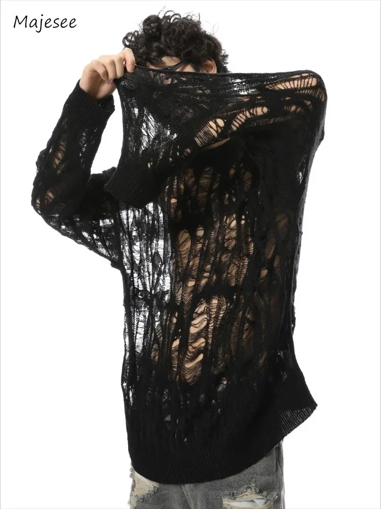 Slouchy Sweaters Men Hollow Out Baggy Hole Sun Protection Lightweight Long Sleeve Streetwear Vintage Fashion Knitting Summer Ins 241007