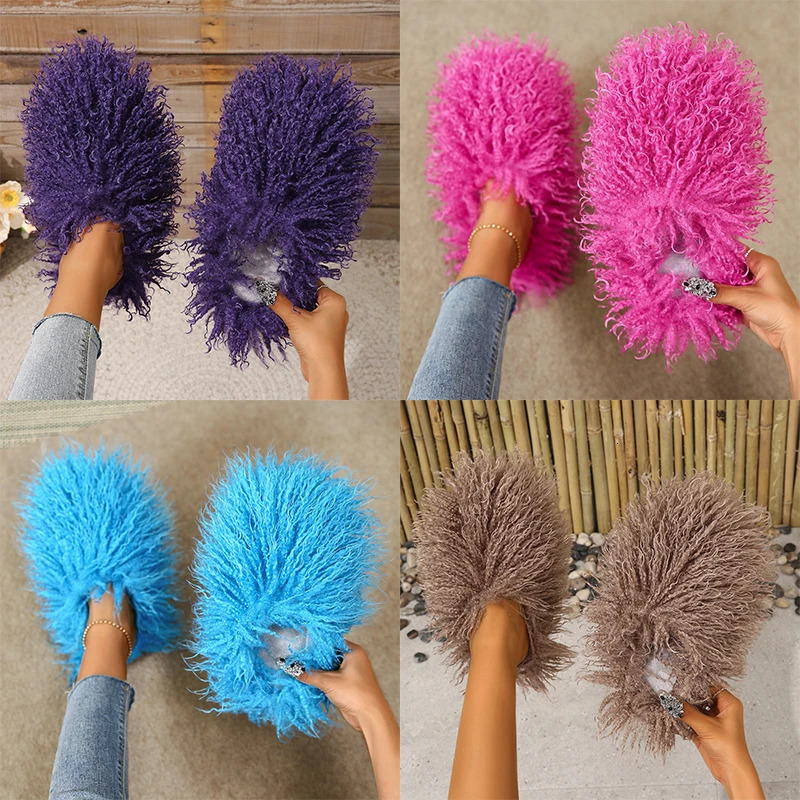 Plus Size Furry Faux Fur Shoes Autumn Winter Fur Slippers for Women Home Plush Warm Cotton Slippers Indoor Fur Slides 240927