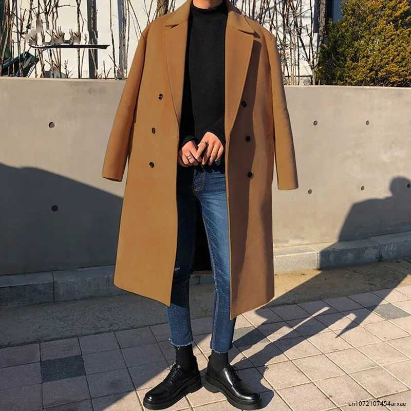 Autumn Winter Fashion Woolen Blends Coat Jackets Men Korean Style Lapel Solid Color Windbreaker Thick British Casual Coat Male LX241010