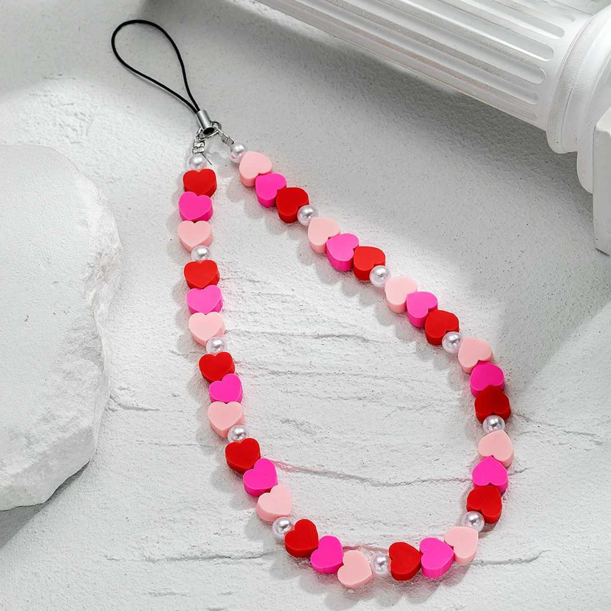 Sweet Fashion Pink Love Imitation Pearl Beaded Mobile Phone Chain Women Girls Rope Chain Practical Classic Accessories JewelryX241010