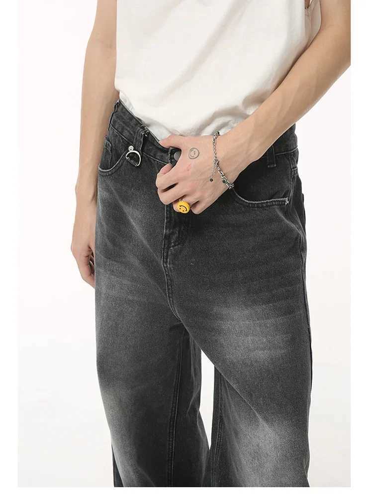 Street Fashion American Retro Black Gray Denim Pants New Trendy Denim Zipper Wide Leg Loose Straight Leg PantsX241009