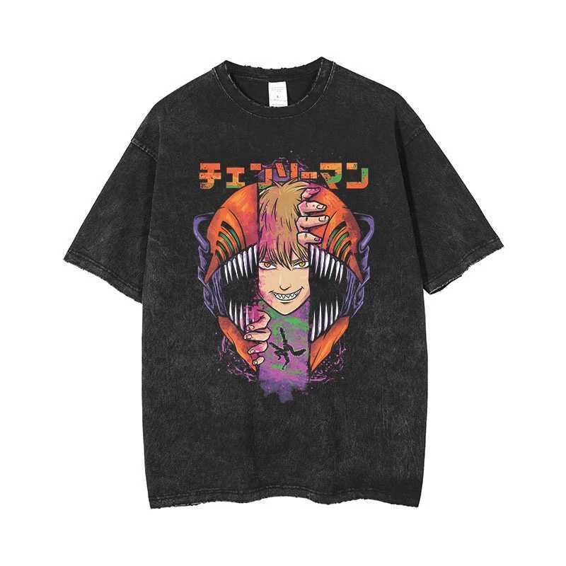 Anime chains mens acid T-shirt retro wash printed graphic T-shirt mens Harajuku cotton casual short sleeved T-shirt topW240716