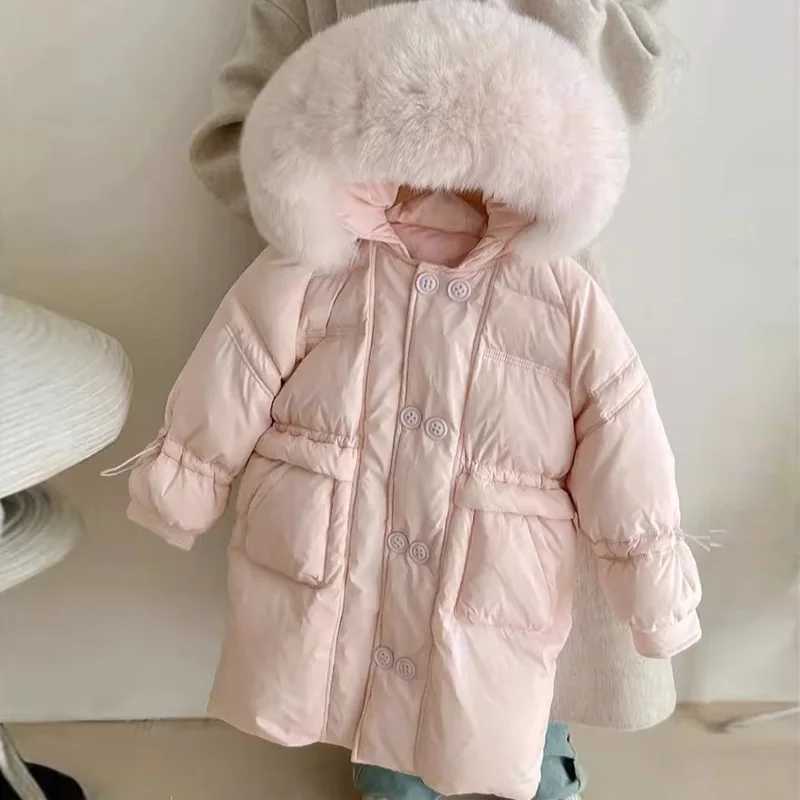 Down Coat Girls hooded fur collar jacket childrens winter casual cotton jacket fashionable warm jacket new youth clothing 5-12Y H241010
