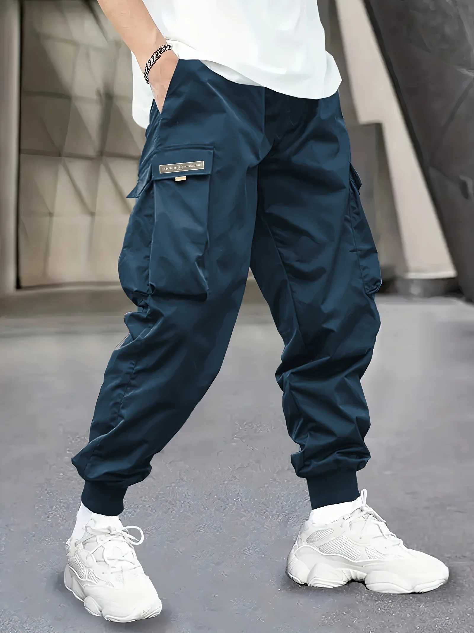 Mens cargo pants casual sports outdoor large pockets lightweight tight fitting tailored pancake 06B W241009