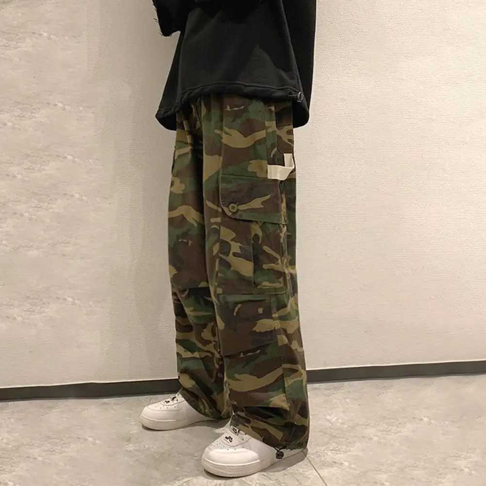Mens straight wide leg pants camouflage jogging Trouser brushed elastic waist wide mens casual pants retro cargo pants W241009