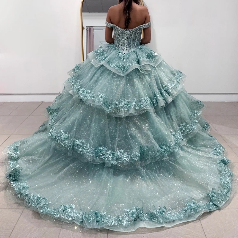 Green Shiny Off The Shooulder Quinceanera Dresses Party Birthday Dress Sequin Applique Lace Beads Crystal Tull Gown Vestidos De 15 Anos