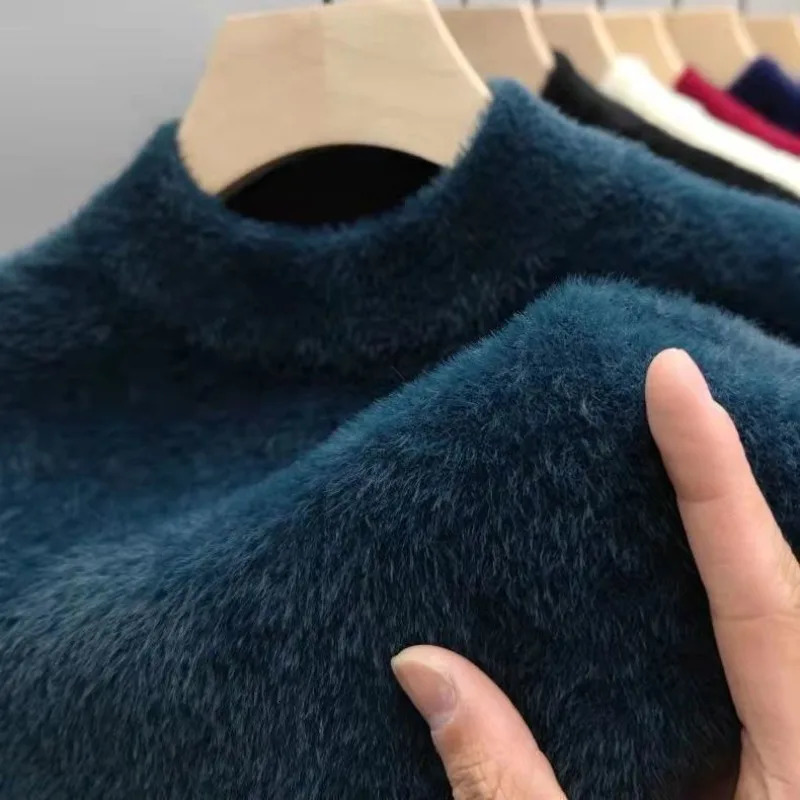 Pullover Men Sweater Soft Warm Long Sleeve Mock Neck Solid Color Fine fleece Thicken Loose Casual Sweaters 240930
