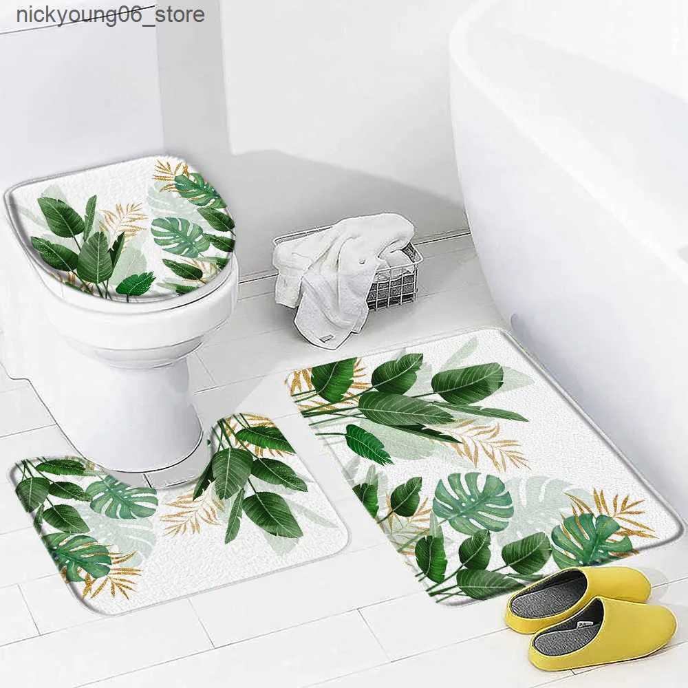 Non-Slip Bath Mats Tropical Leaves Bath Mat Set Watercolour Plants Green Gold Palm Leaf Monstera Flannel Bathroom Decor Non-Slip Rugs Toilet Cover L24