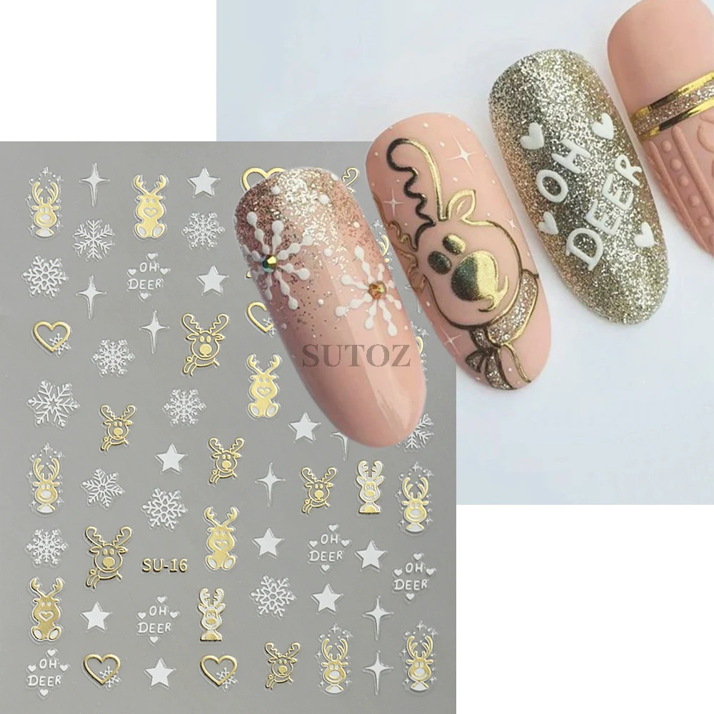 3D Golden Christmas Nail Stickers Metal Silver Deer Bear Snowflake Star Nail Stickers Year Decoration 2024 Slide LEBSU-19 241008