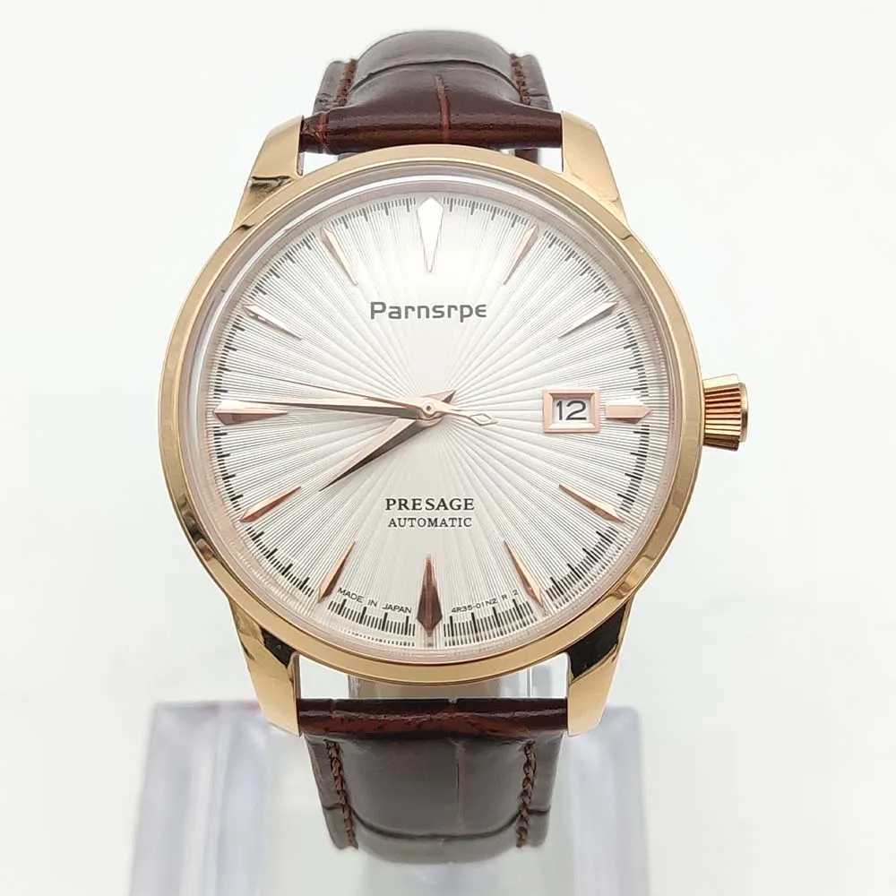 Parnsrpe Mens Mechanical Watch NH35 Movement Vintage Round Rose Gold Case Premium Leather Strap 40mm Mens WatchX241010