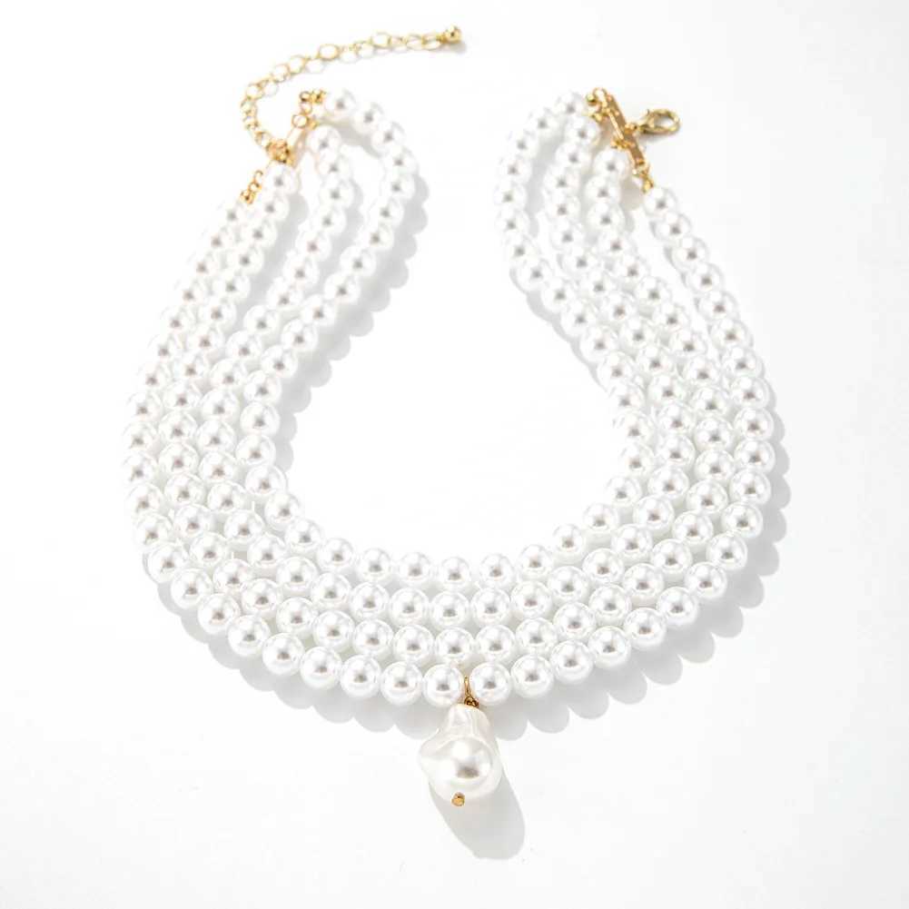 Fashion Elegant Necklace With Shaped Pendant Multilayer White Imitation Pearl Choker Wide Necklace Jewelry Gifts For Women GirlsX241009