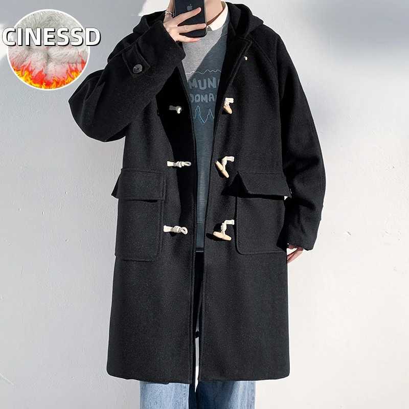New Cow Horn Button Lamb Fleece Hooded Mens Coat Loose Streetwear Unisex Couple Long Advanced British Style Casual Overcoat LX241010