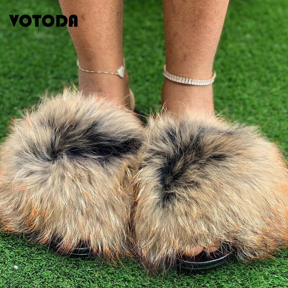 Summer Women Fur Slippers Fluffy Raccoon Fur Slides Furry Fox Fur Sandals Wholesale Cute Flat Home Shoes Flip-Flop Dropship 240927