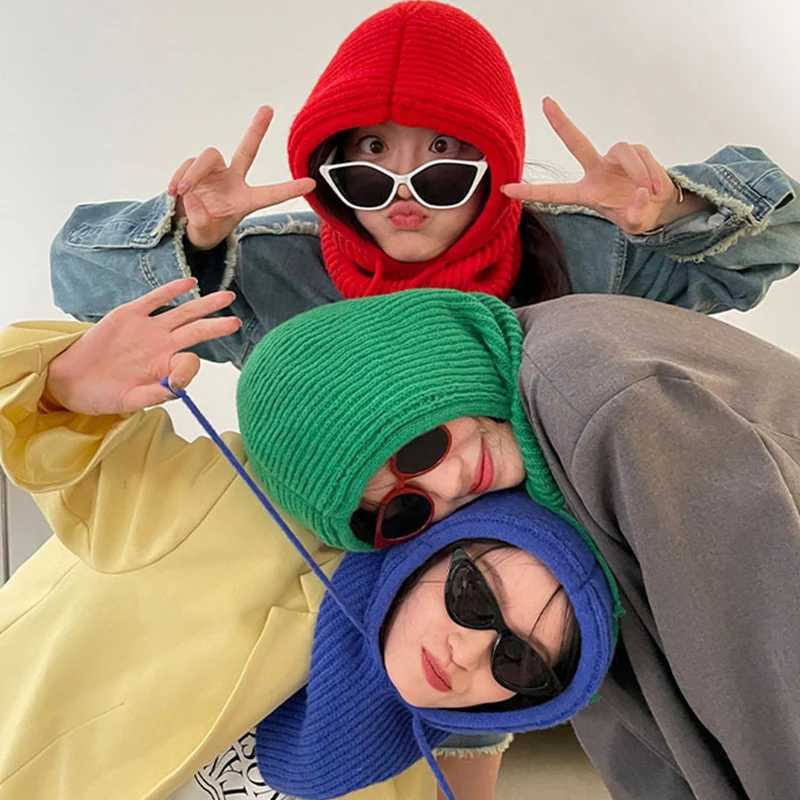 Beanie/Skull Caps Winter womens unisex knitted hooded collar hat Beanie suitable for both men and women brushed one-piece warm Balaclava H241010