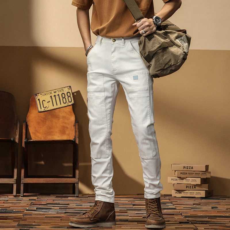 White Stitching Jeans for Men Fashion Slim Stretch Multi-pocket Personality Biker Denim Jeans Pants Trousers Male StreetwearX241009