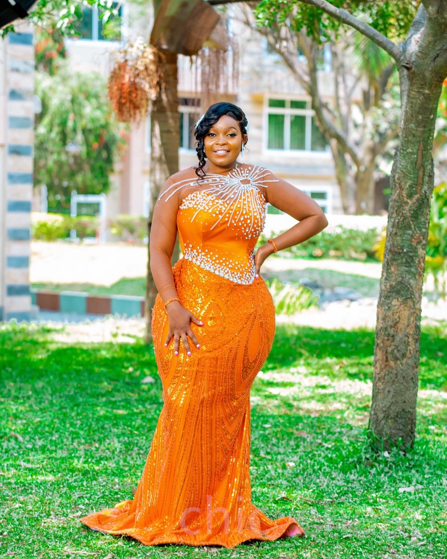 Aso Ebi 2024 Orange Mermaid Prom Dresses Rhinestones Sequined Lace Full Sleeves Evening Formal Party Second Reception Birthday Gowns Dress For Special