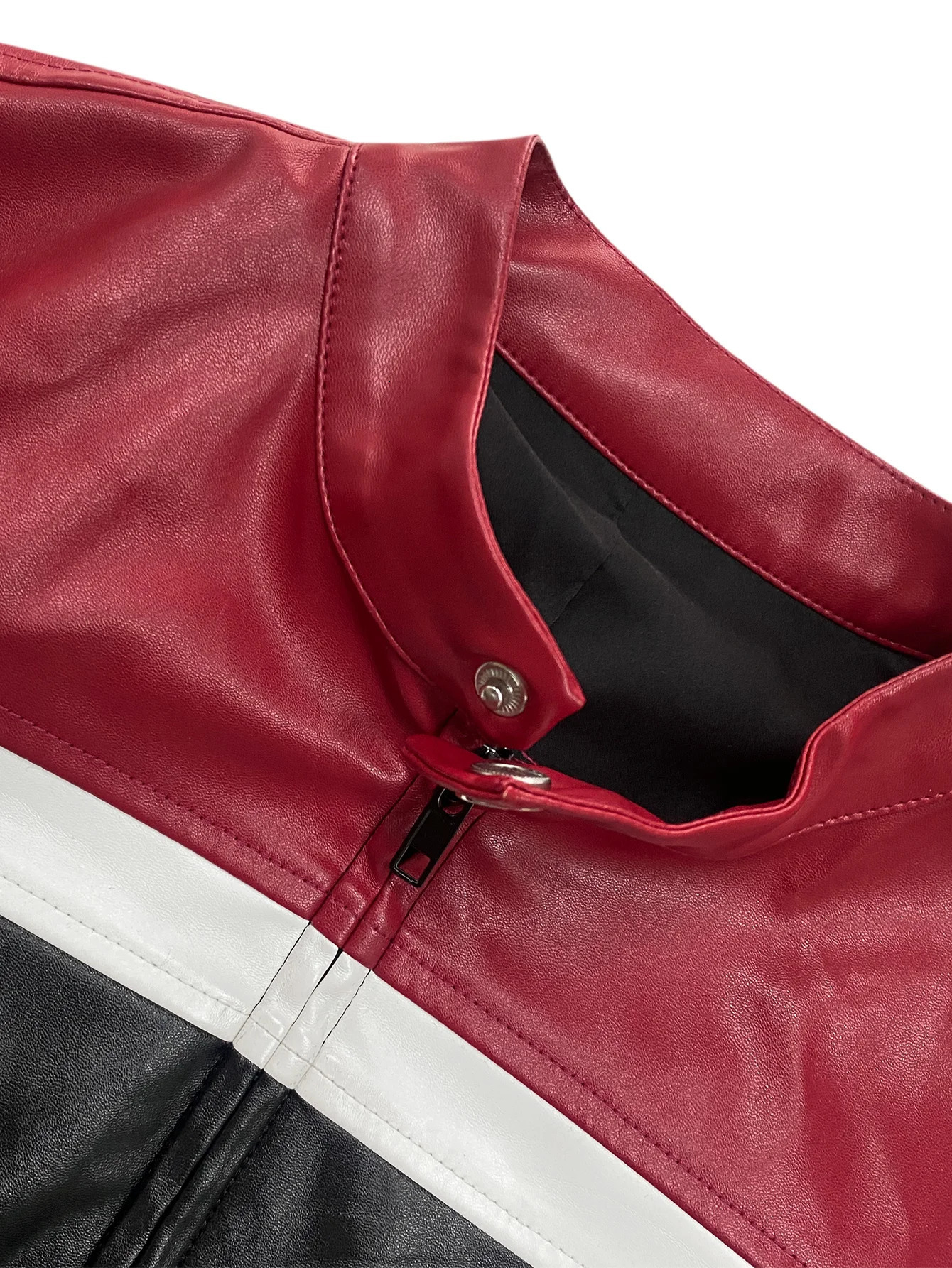 LW casual splicing color block leather and artificial fur womens autumn clothing PU jacket Wen Hua collar jacket autumn clothing 240930