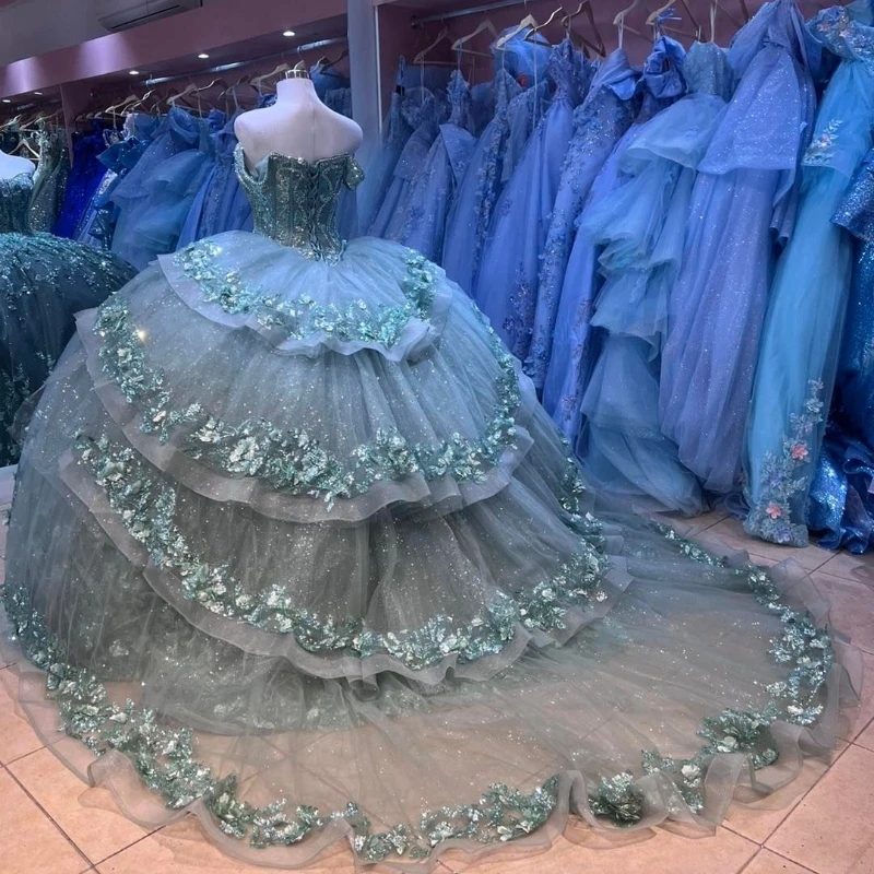 Grayish Green Sweetheart Quinceanera Dresses Princess Ball Gown Sweet 16 Dress Off The Shoulder 3D Floral Sequin Appliques Lace Beads Vestidos De 15 A