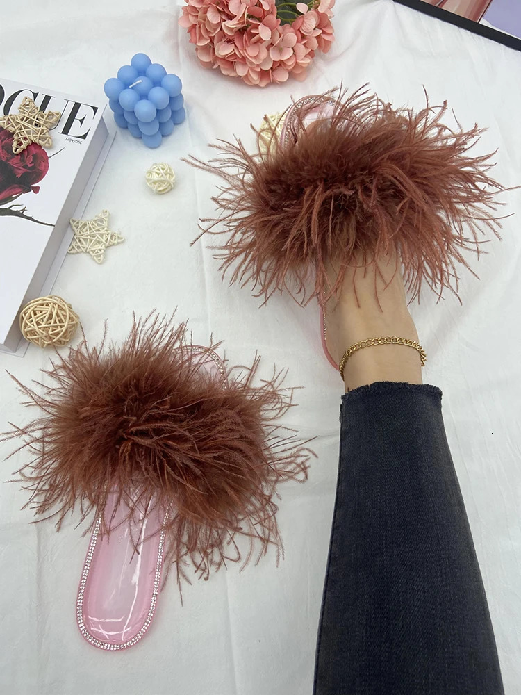 Women Ostrich Feather Slides Summer Natural Fur Fluffy Slippers Crystal Jelly Transparent Sandals Female Indoor Feather Shoes 240927