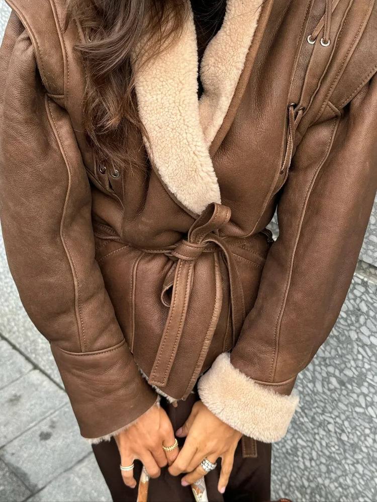 Elegant Pu Leather Patchwork Jacket With Belt Women Fashion Long Sleeves Drawstring Tie Coat 2024 Female Thick Street Outwear