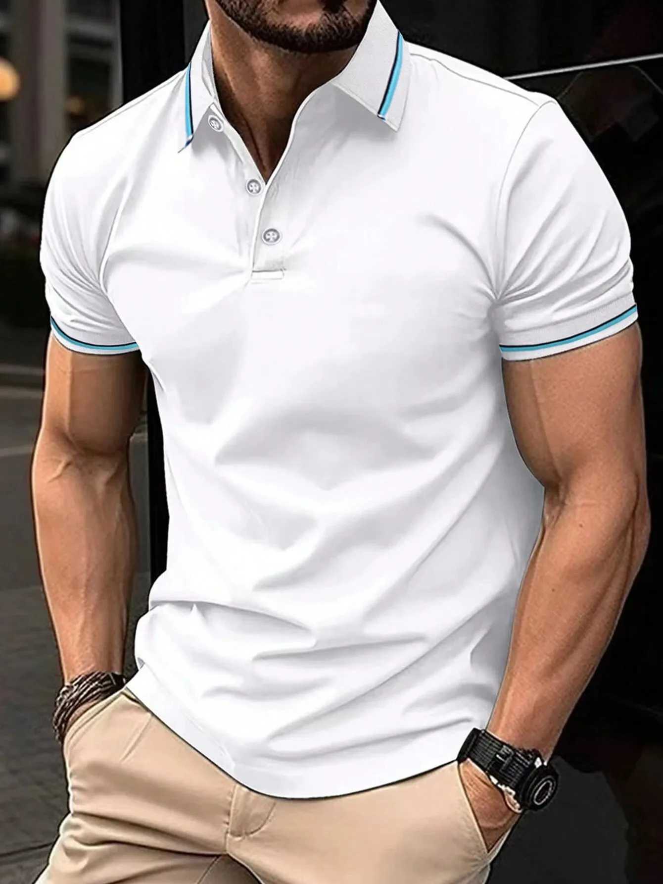 Mens high-quality short sleeved polo shirt high-end casual business T-shirt Henry collar polo high-quality mens T-shirt W241010