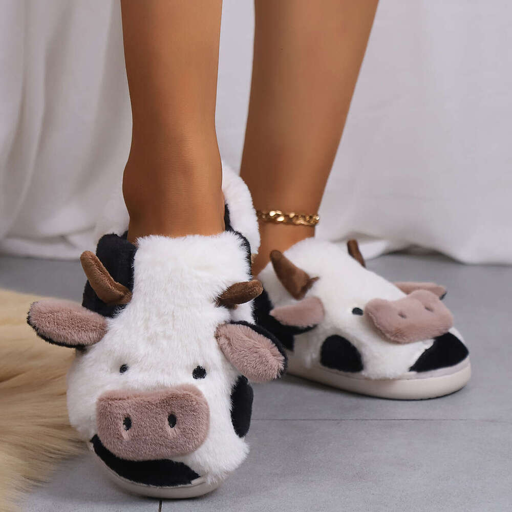 Women Shoes Indoor Winter Fur Slippers Cute Cartoon Cow Head Thick Warm Shoes Couple Plush Cotton Mop Winter Shoes