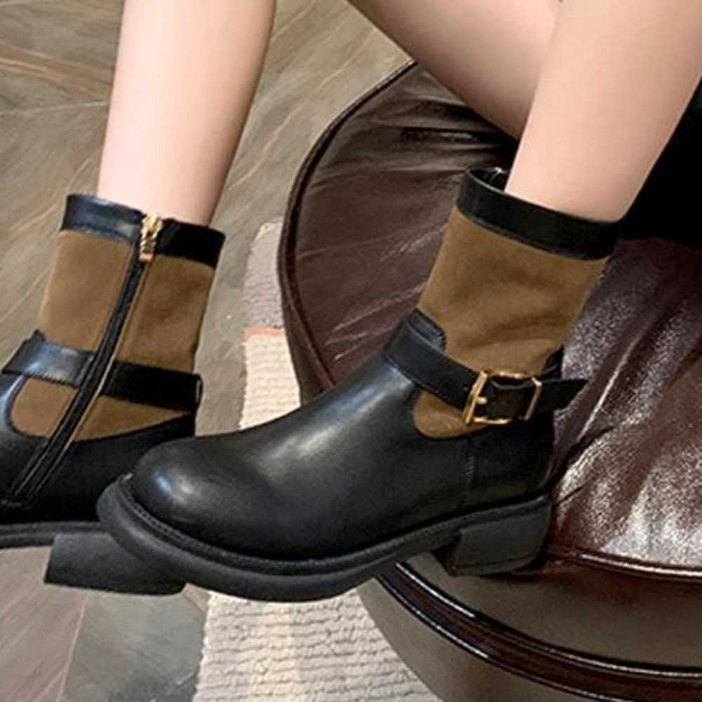 Autumn Winter Fashion Boots Color Belt Buckle Ankle Boot Leather Martin Boots Round Toe Thick Sole Heel Short Boots Slim Boots For Women 240826